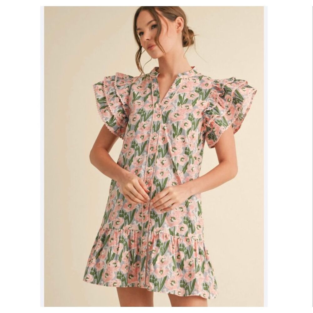 Jodifl Mini Dress Women Medium Pink Green Blue Floral Ric Rac Ruffle Button Down - Picture 1 of 16